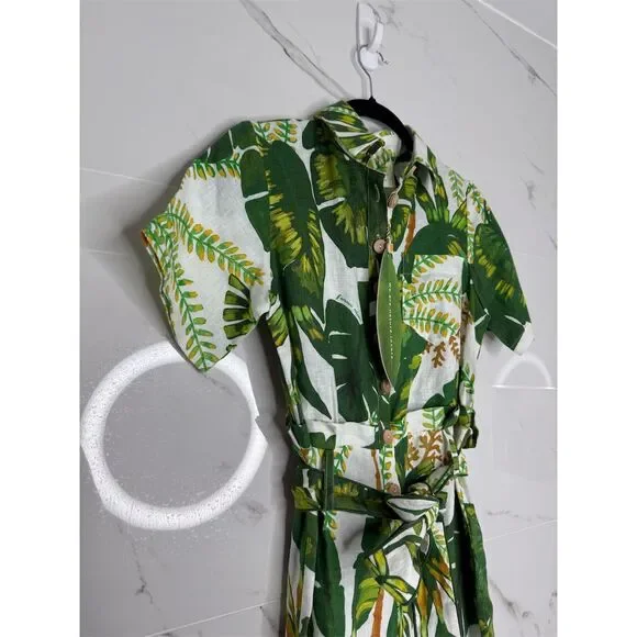 Farm Rio XXS Green white Tropical Leaf Print Jumpsuit Linen Resort Anthropologie - Picture 4 of 16
